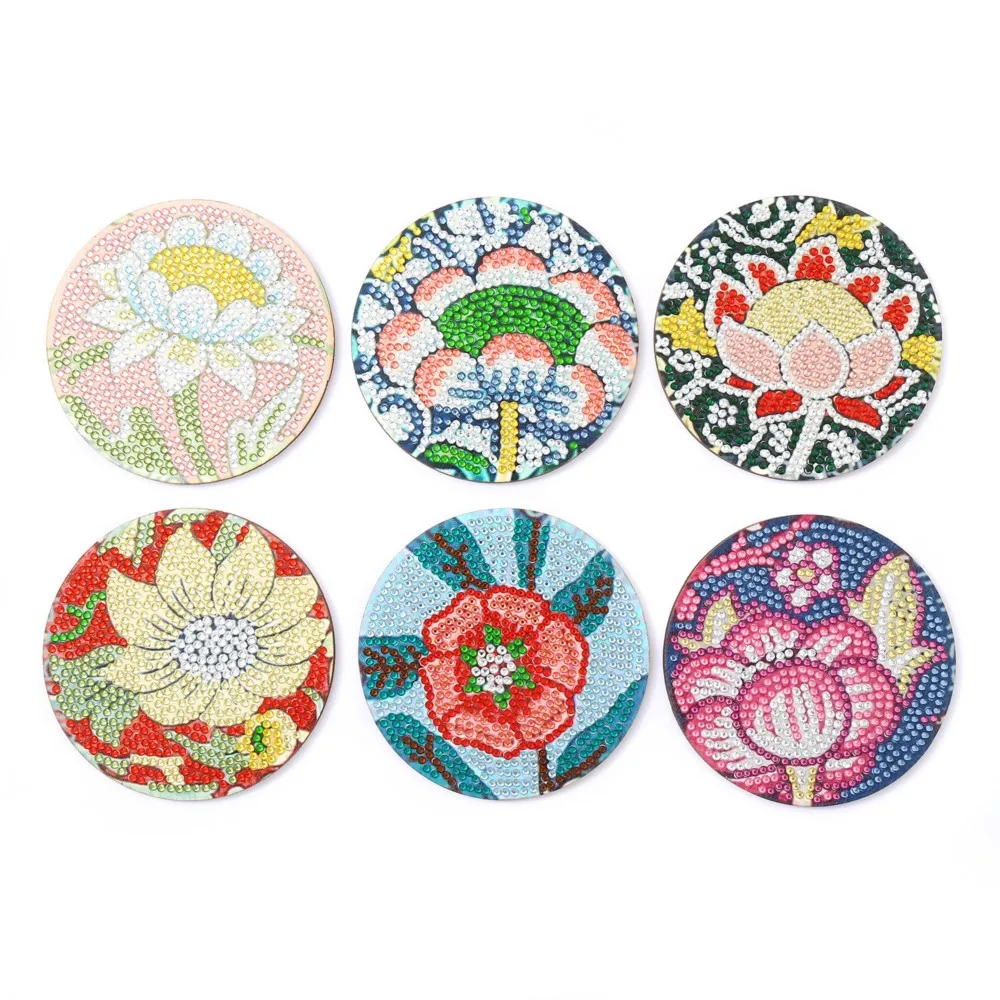 

6 Pieces Of Colorful Flowers Handmade DIY Round Wooden Spot Drill Thermal Insulation Anti Slip Coaster with Bracket