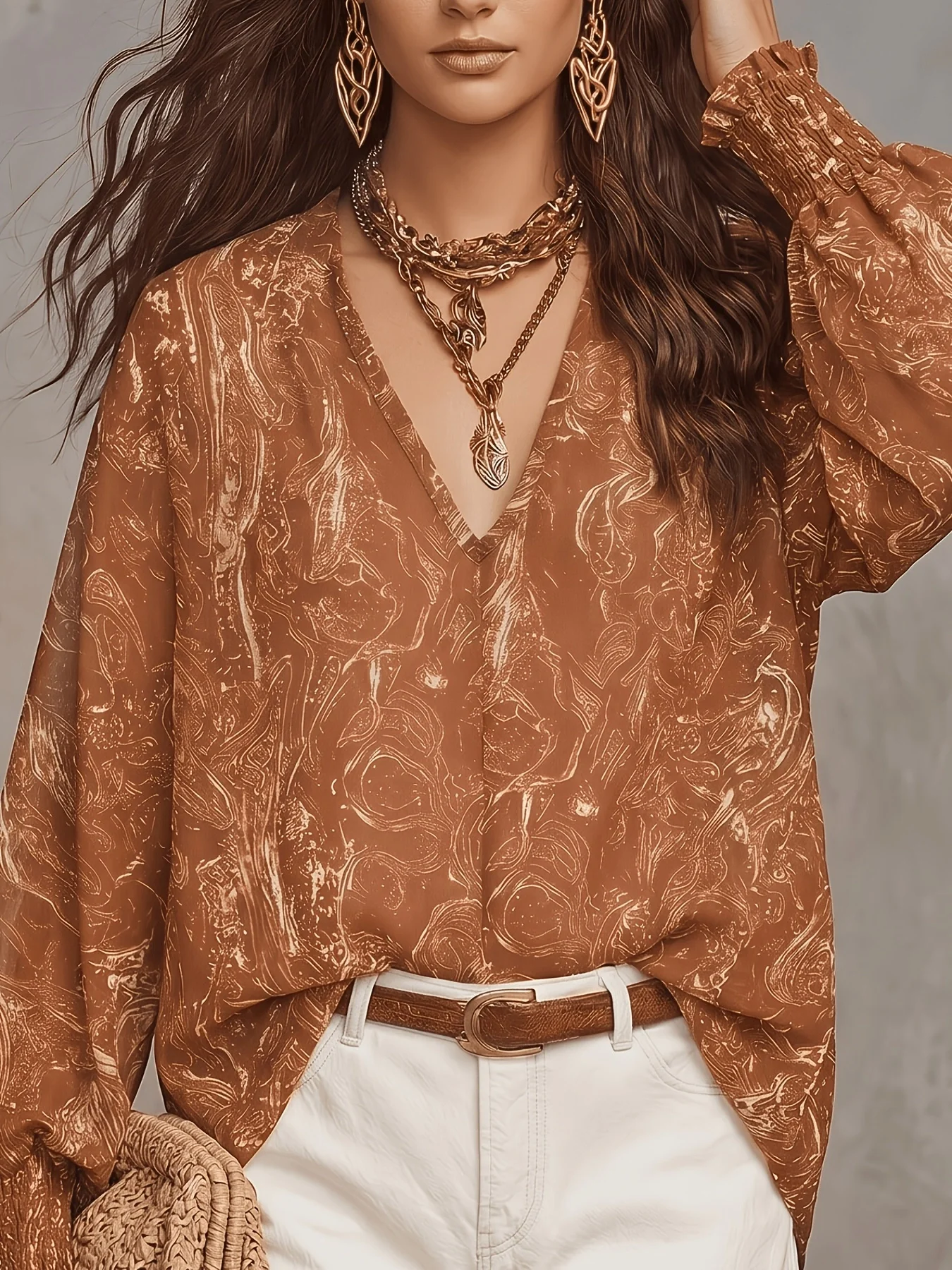 Damen-Bluse aus braunem Chiffon mit Paisley-Print, V-Ausschnitt und langen Laternenärmeln, lässiges, lockeres Boho-Oberteil im Bohemian-Stil für Frauen – Detail 4