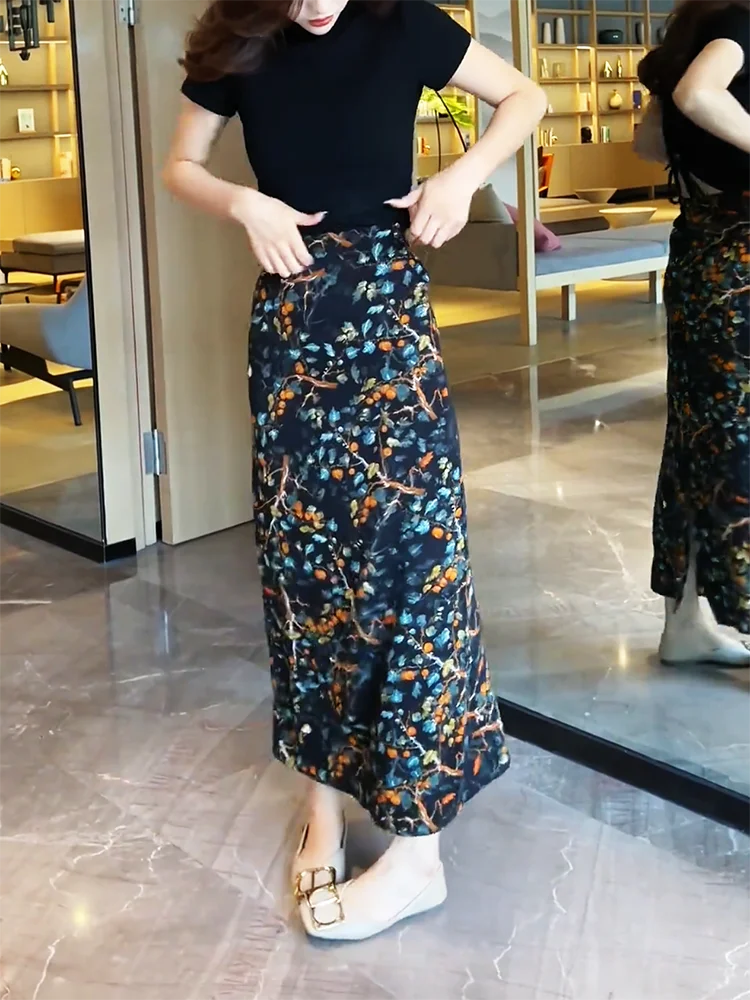 

Ретро-китайская повседневная модная юбка макси с разрезом, летняя коллекция 2024, стройнящая юбка средней длины, трендовая повседневная юбка