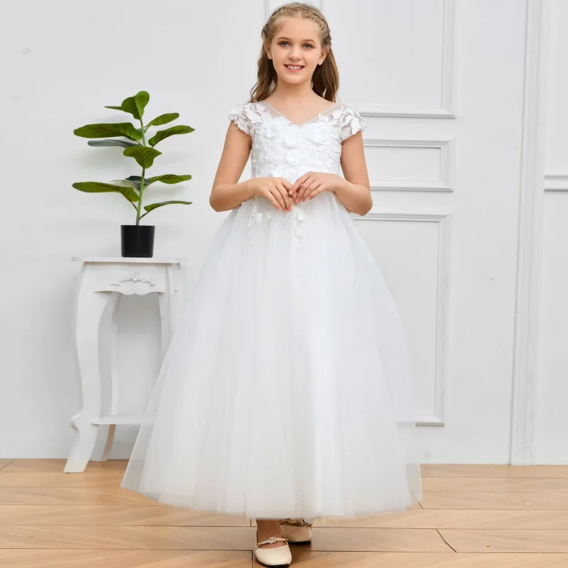 

White Flower Girl Dresses Tulle Puffy Appliques With 3D Petal Sleeveless For Wedding Birthday Party First Communion Gowns