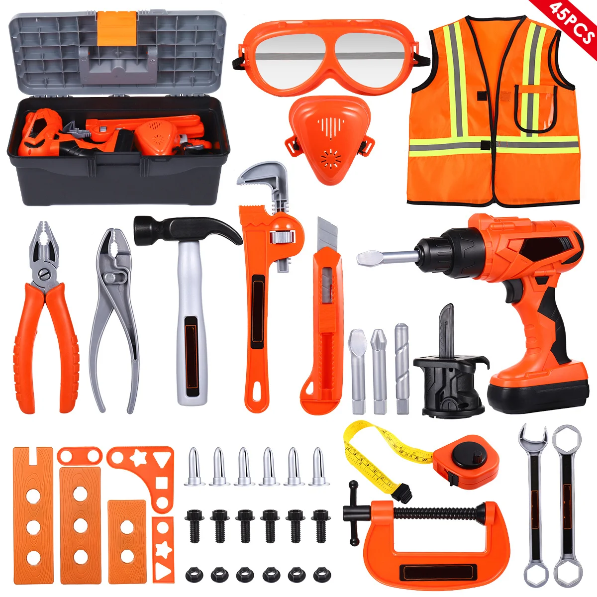 

45Pcs Children Tool Box Kids Pretend Play Repair Set with Electric Drill Saw Pliers Goggles for Cognitive Motor Skill