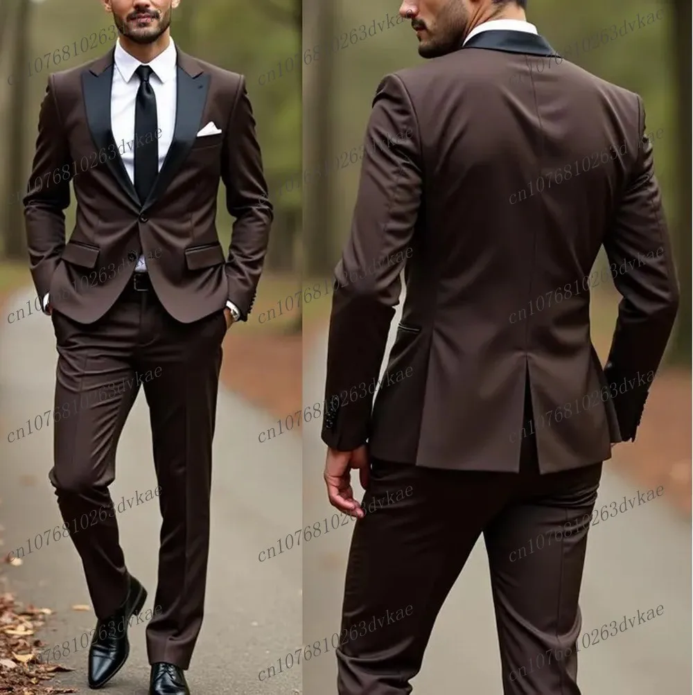 

New Black Collar Dark Brown Men Suit Groom Groomsman Wedding Party Prom Formal Business Male Tuxedos 2 Piece Set Blazer Pants