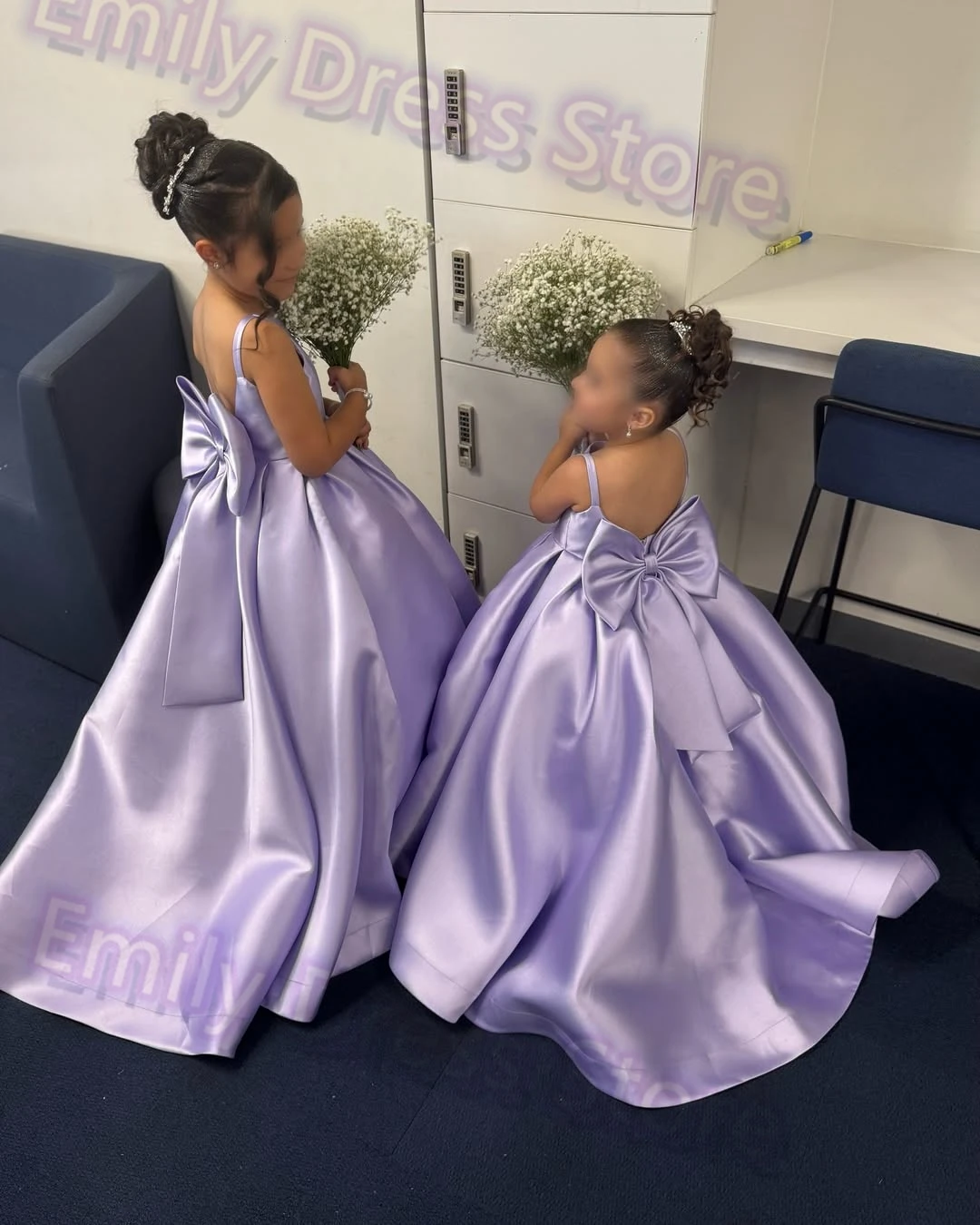 

Customized Purple Flower Girl Dress For Wedding Satin With Bow Sleeveless Elegant Puffy Kids Birthday First Communion Ball Gown