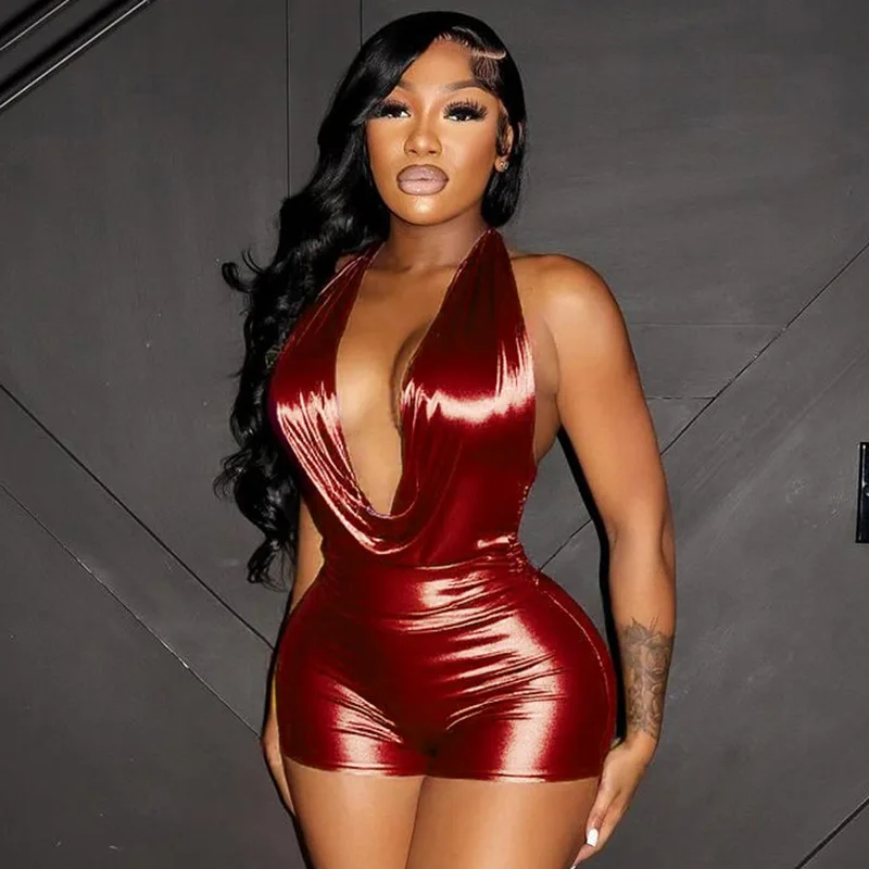 

Women Sexy Metallic Gilding Skinny Playsuits Swinging Collar Lace Up Halter Backless Club Party Rompers Y2k Streetwear Overalls