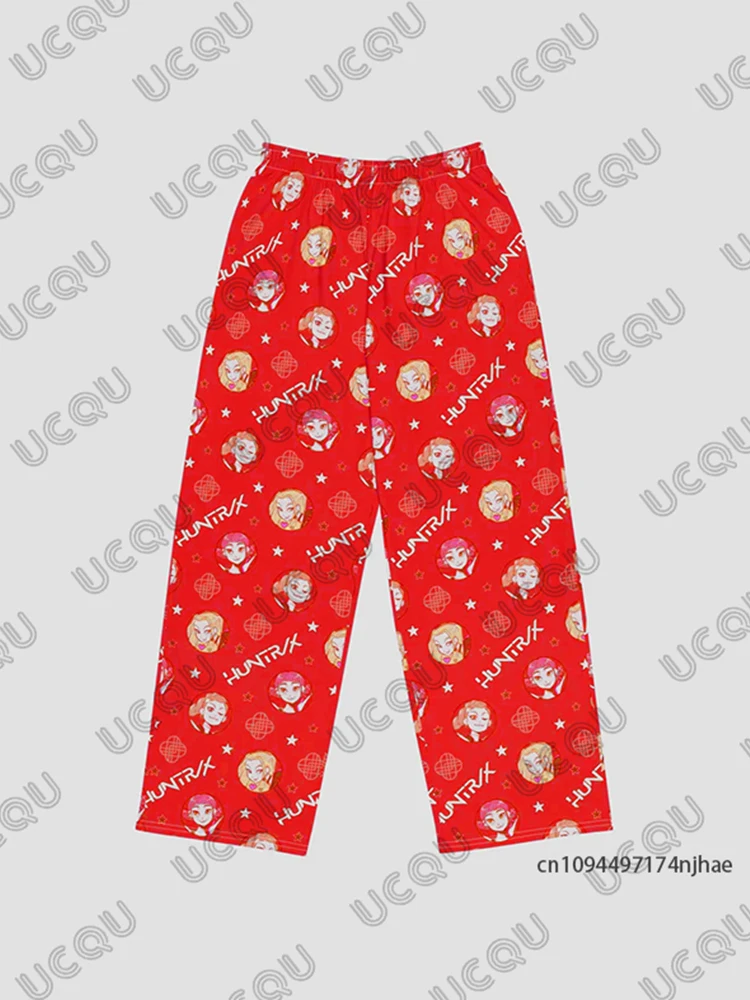 Spodnie piżamowe KPop Demon Hunters Huntrix z grafiką, kreskówkowe, codzienne, damskie i męskie, jesienno-zimowe, modne spodnie długie dla par.