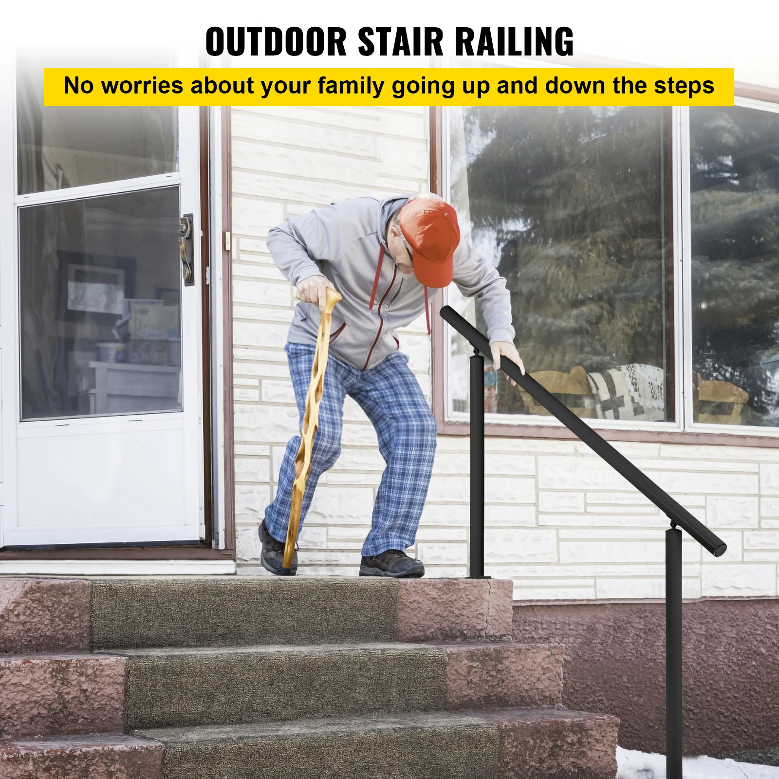 Outdoor Stair Railing Kit, 5 FT Handrails 0-5 Steps, Adjustable Angle Black Aluminum Stair Hand Rail for The Elderly, Handrails for Indoor & Outdoor Steps