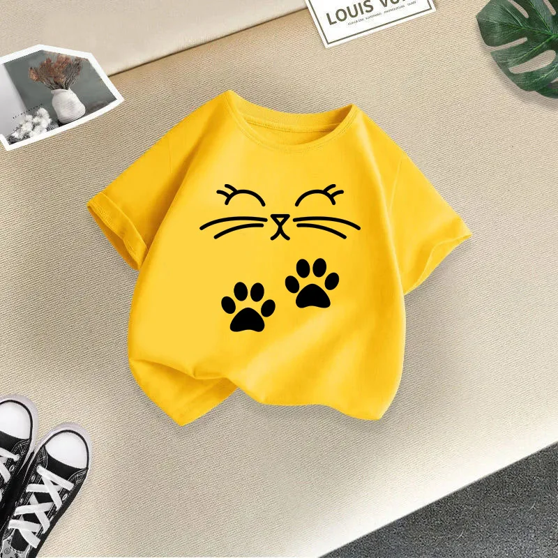 Summer New Cute Cat Animal Print Round Neck Short Sleeved Tee Shirt for Boys and Girls Fashionable and Simple Children's T-shirt