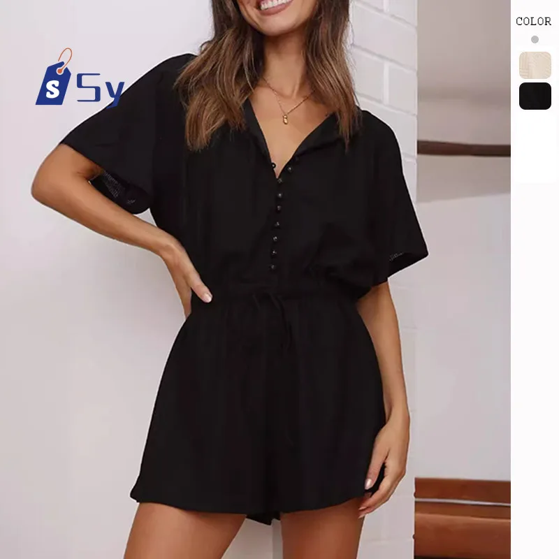 

Sy Elegant Deep V-neck Pleated Short Jumpsuit Women's Loose Solid Color Jumpsuit Fashionable Elastic Waist Jumpsuit