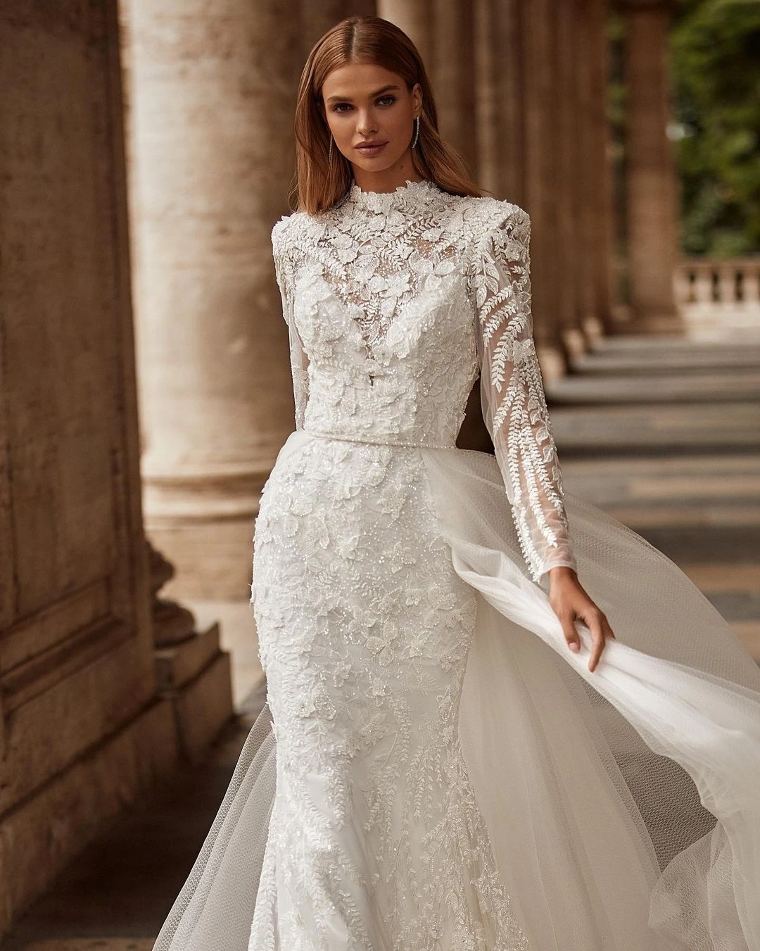 Spring Fashion Mermaid Wedding Dresses Long Sleeves Robe De Mariee Appliques Lace Custom Made Detachable Train Bridal Gowns