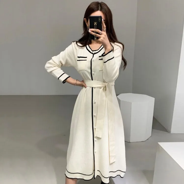 Temperament Contrasting Colors Vintage Maxi Dresses for Women Sweater Belt Waist Loose Autumn Vestidos De Mujer Lady Knitted