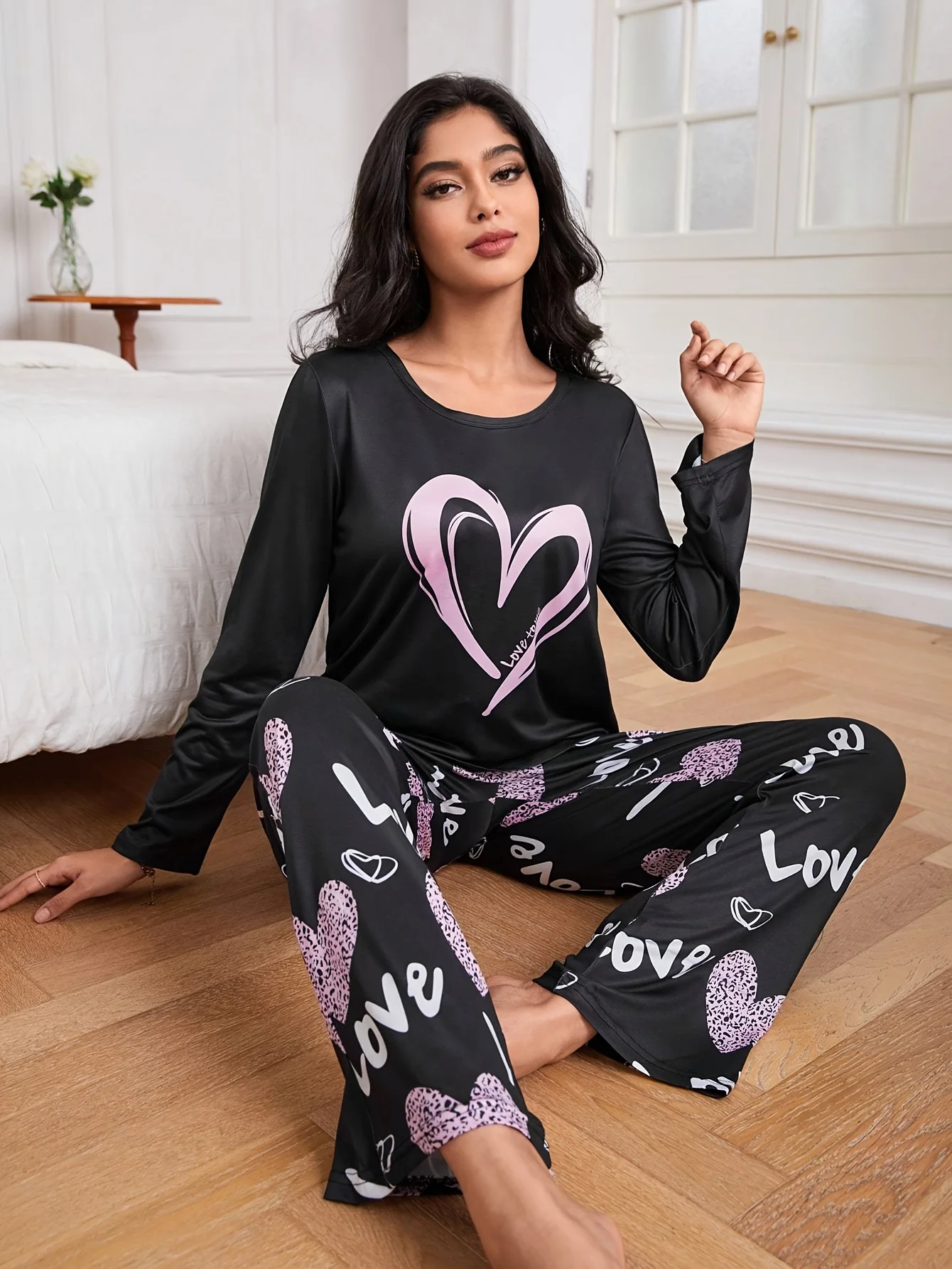 Love letter print pajama set with long sleeve crew neck top and elastic belt pants