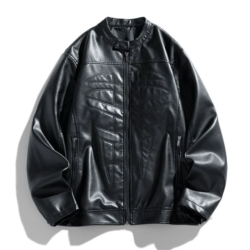 

Men Vintage Stand Collar PU Leather Jacket Waterproof Windproof American Style Motorcycle Coat Loose Streetwear Fit Spring Fall