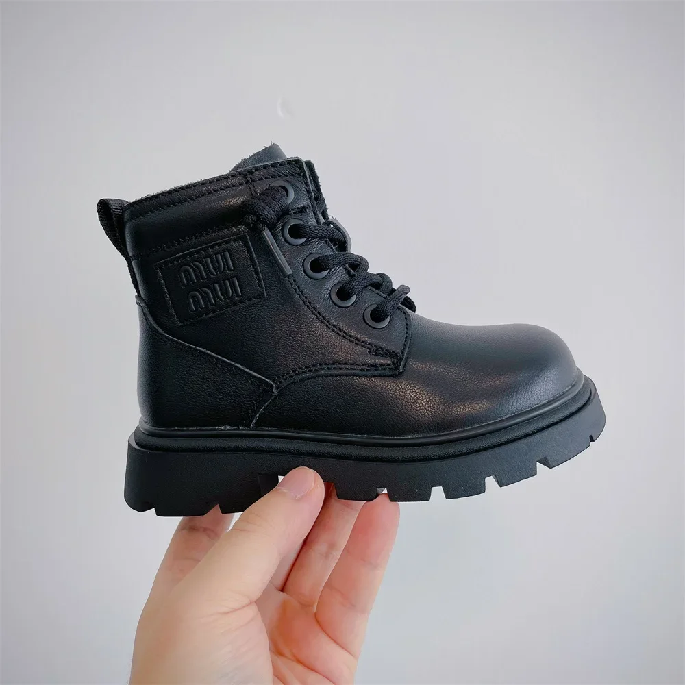 Winter children's shoes boys' genuine leather plus velvet Martin boots Korean style thick warm girls fashion boots short boots