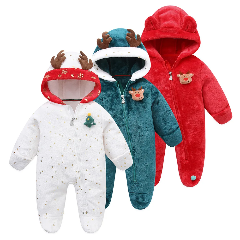Newborn Baby Autumn Winter Soft Flannel Xmas Romper Toddler Cute Christmas Hooded Zipper Warm One-piece Rompers Infant Playsuit