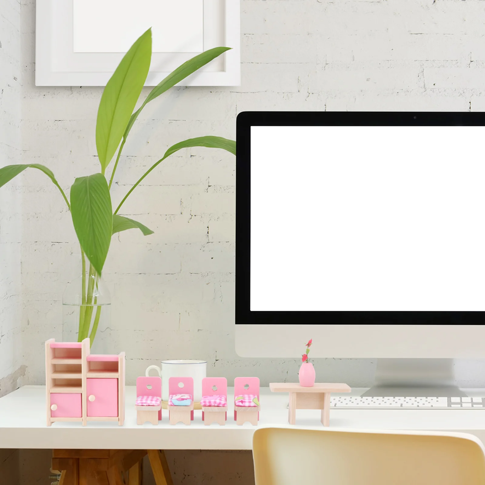 mini house Dining Room Wooden Furniture Set Table+Chair+Display Unit+Vase mini house furniture house furniture