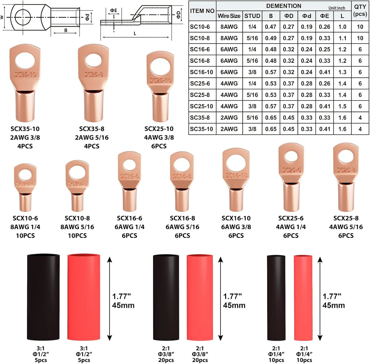 Battery Cable Lug Crimping Tool with Cutter, 64pcs Terminals & 70pcs Tubing for AWG 10-1/0 Electrical Connections