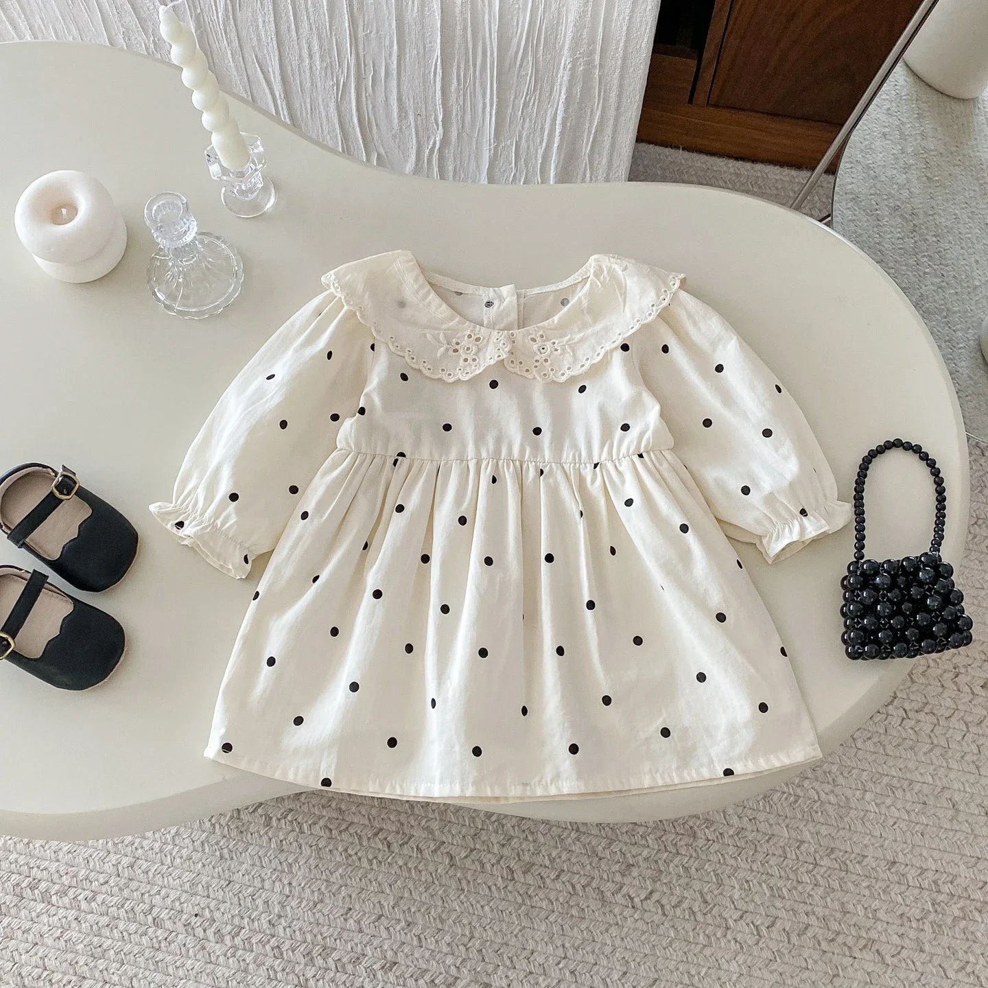 

Girls Skirt 2025 Autumn and Winter New Childrens Clothing Girl Baby Fashion College Doll Collar Polka Dot Princess Skirt Casual
