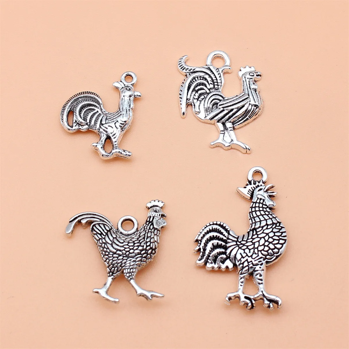 4pcs Antique Silver Color Rooster Charms Collection For DIY Jewelry Making, 4 Styles, 1 of Each