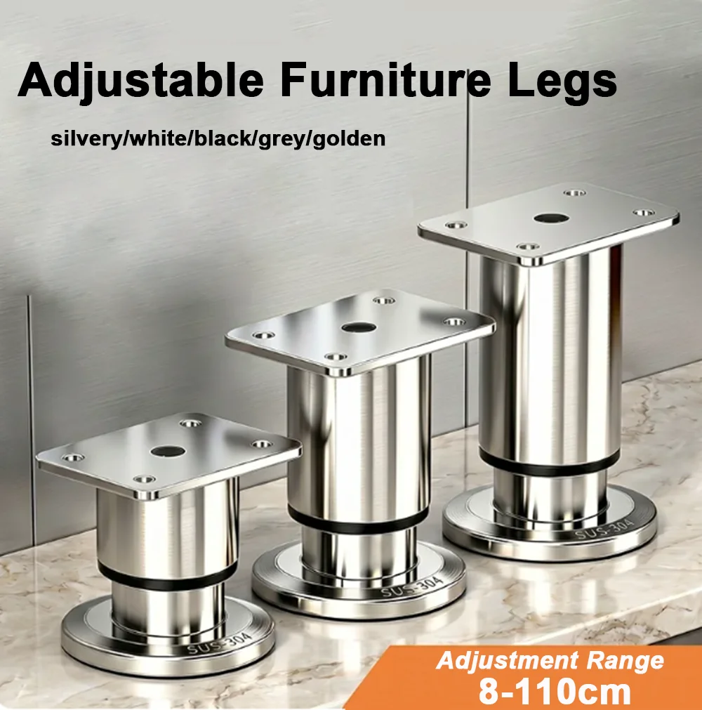 1Pcs Adjustable Furniture Legs 8-110cm Stainless Steel Heavy Duty Black White Silver Grey Golden Cabinet Table Sofa Bed Feet
