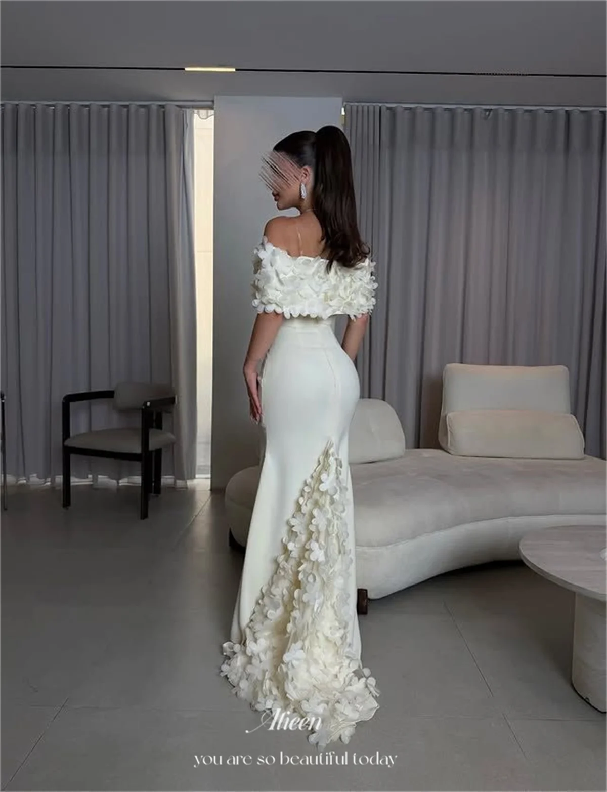 Aileen Satin Off The Shoulder Ivory Mermaid Bridal Wedding Dress Elegant Off-The-Shoulder Gown Featuring 3D Flowers Customized