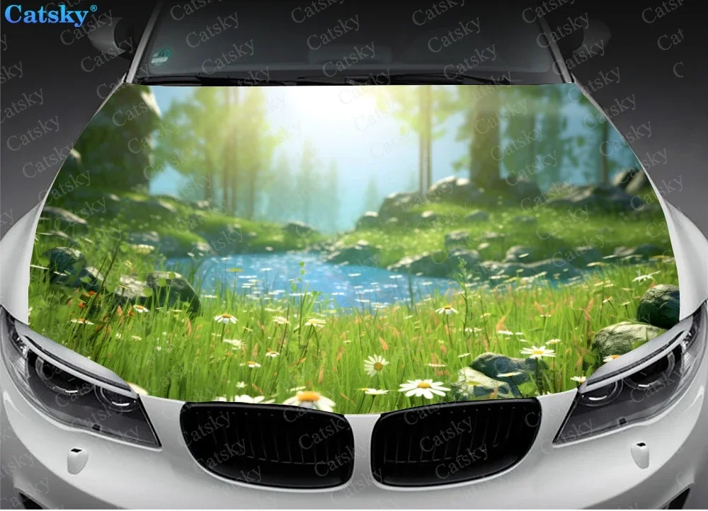 Green Nature on Blur Car Hood Vinyl Stickers Wrap Vinyl Film Engine Cover Decals Sticker on Car Auto Accessories