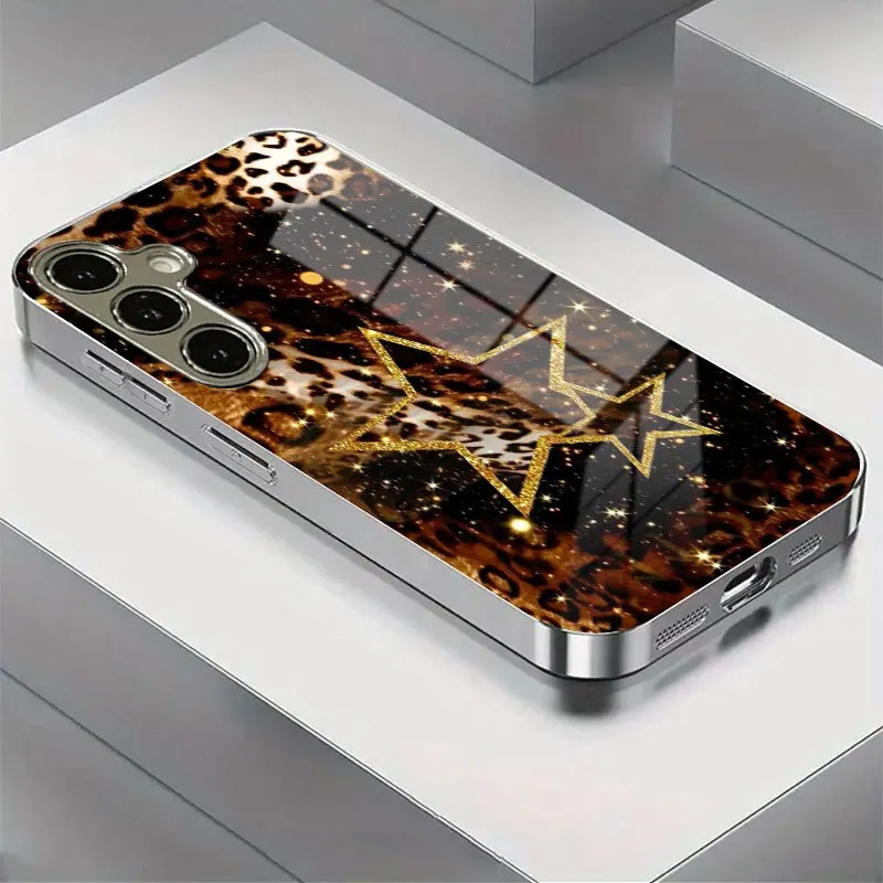 

Gold-plated tempered glass phone case, compatible for Galaxy S26 S25 S24 S23 S22 Ultra Plus. Leopard print gold star pattern.