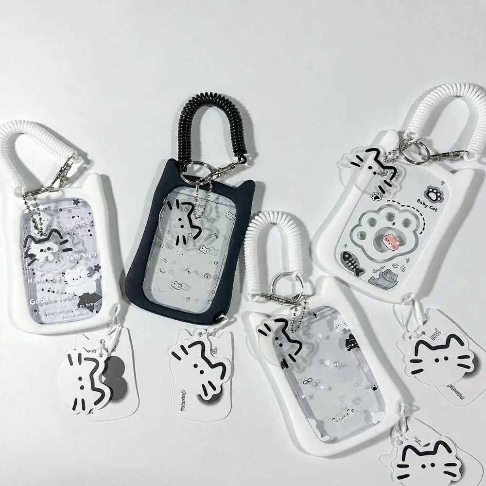 Cute Transparent Photo Card Keychain Hanging Rope Waterproof Student ID Card Cover Durable Cartoon Cat Ear Card Holder Subway