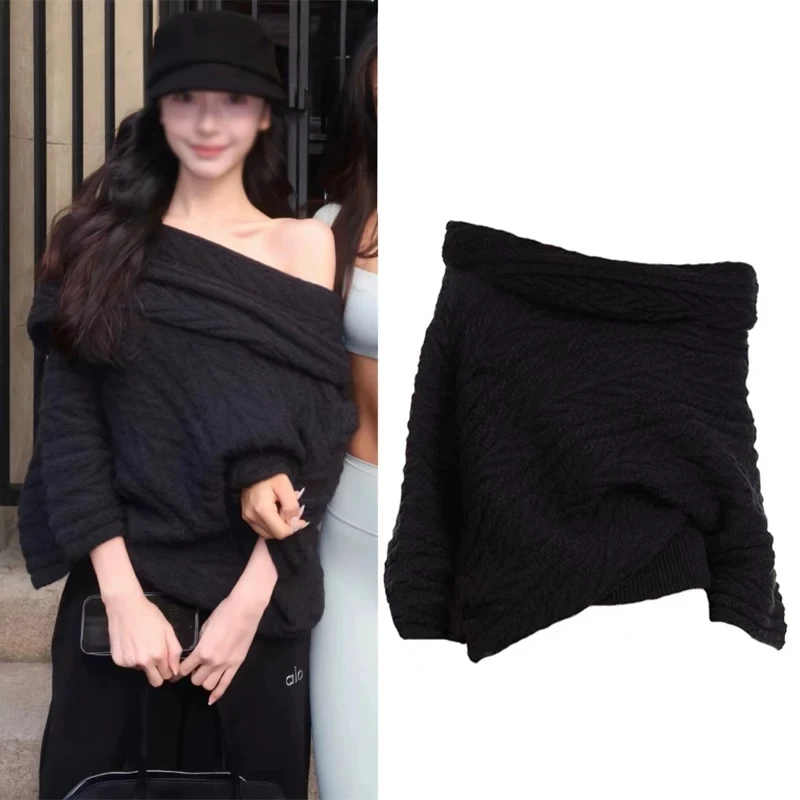 

Черный асимметричный вязаный свитер для женщин: модный топ с одним открытым плечом, универсальный дизайн, трендовая осенне-зимняя одежда