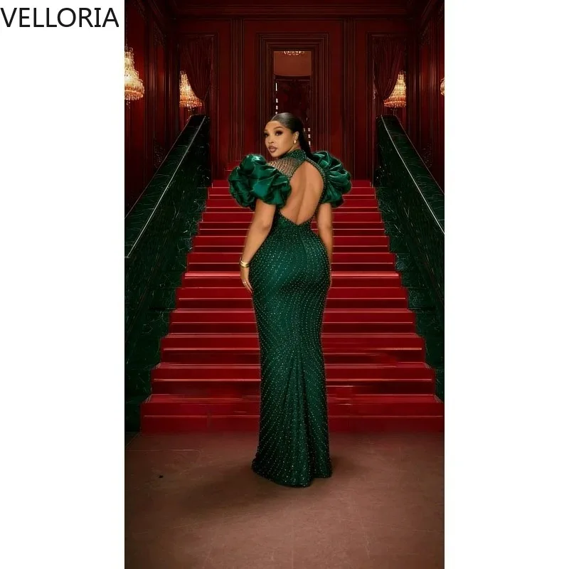 Customized Green Elegant Black Bubble Sleeve Evening Gown 2026 With Pearl Embroidery Sequins And Fish Tail Style Dress