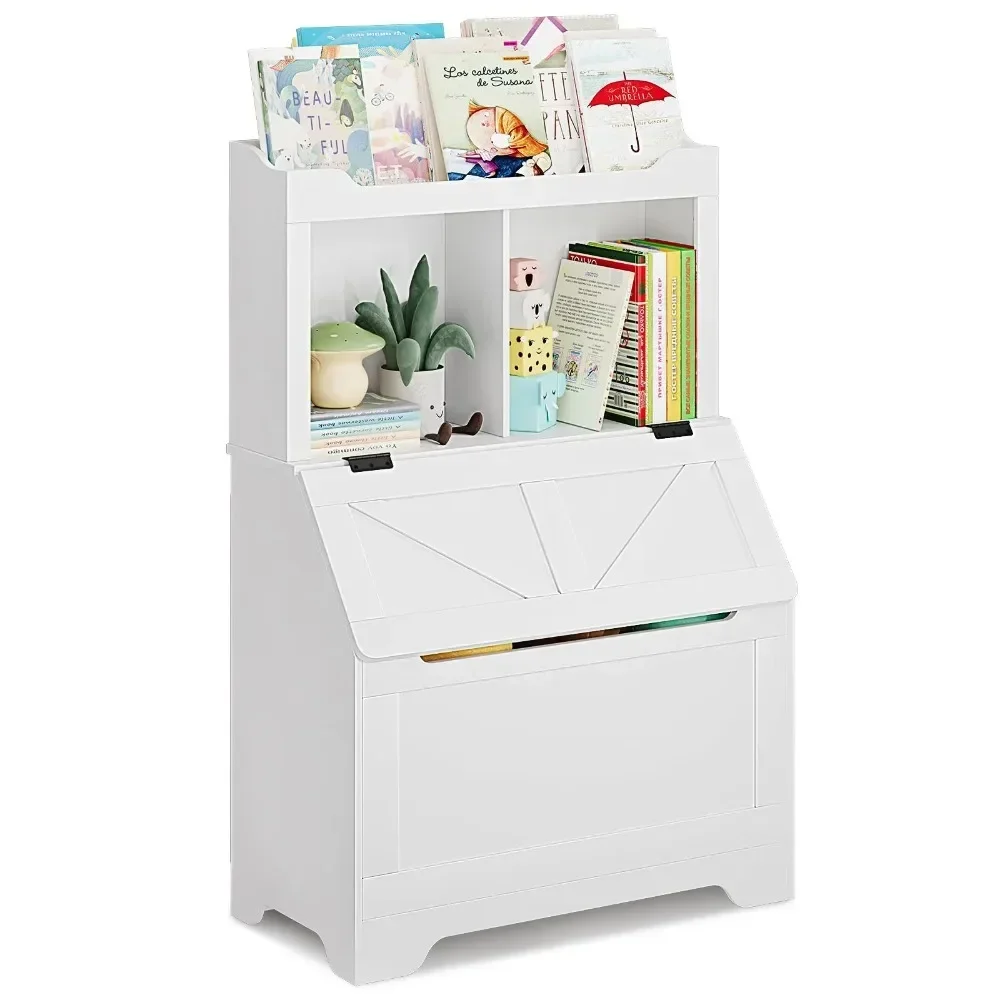 

Large Kids Bookshelf and Toy Storage Organizer, Wooden Toy Box Chest with Flip-top Lid and Cubby, 3-Tire Children's Bookcase