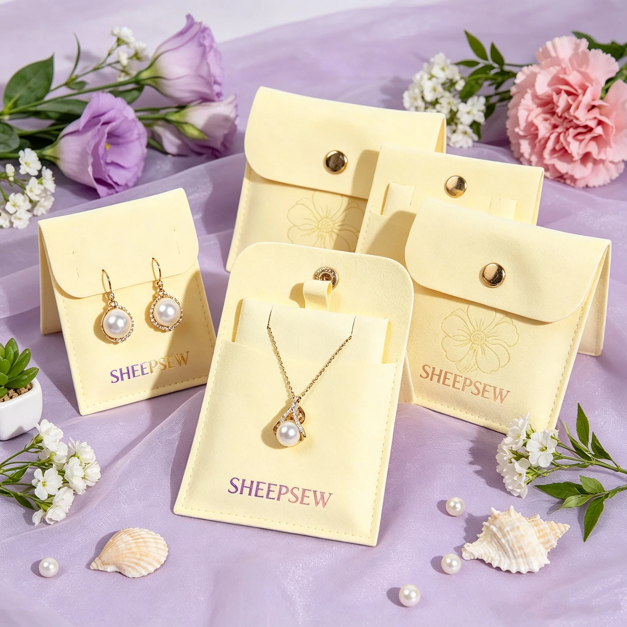20/50/100pcs  Gold Snap Button Jewelry Bags 8x8cm Microfiber Pouches for Ring Earring Pendant Oil Storage Gift Favors