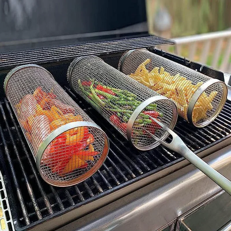 BBQ Net Tube Round Stainless Steel BBQ Grill Mesh Cylinder Camping Barbecue Rack for Vegetables Fries outdoor  camping cookware