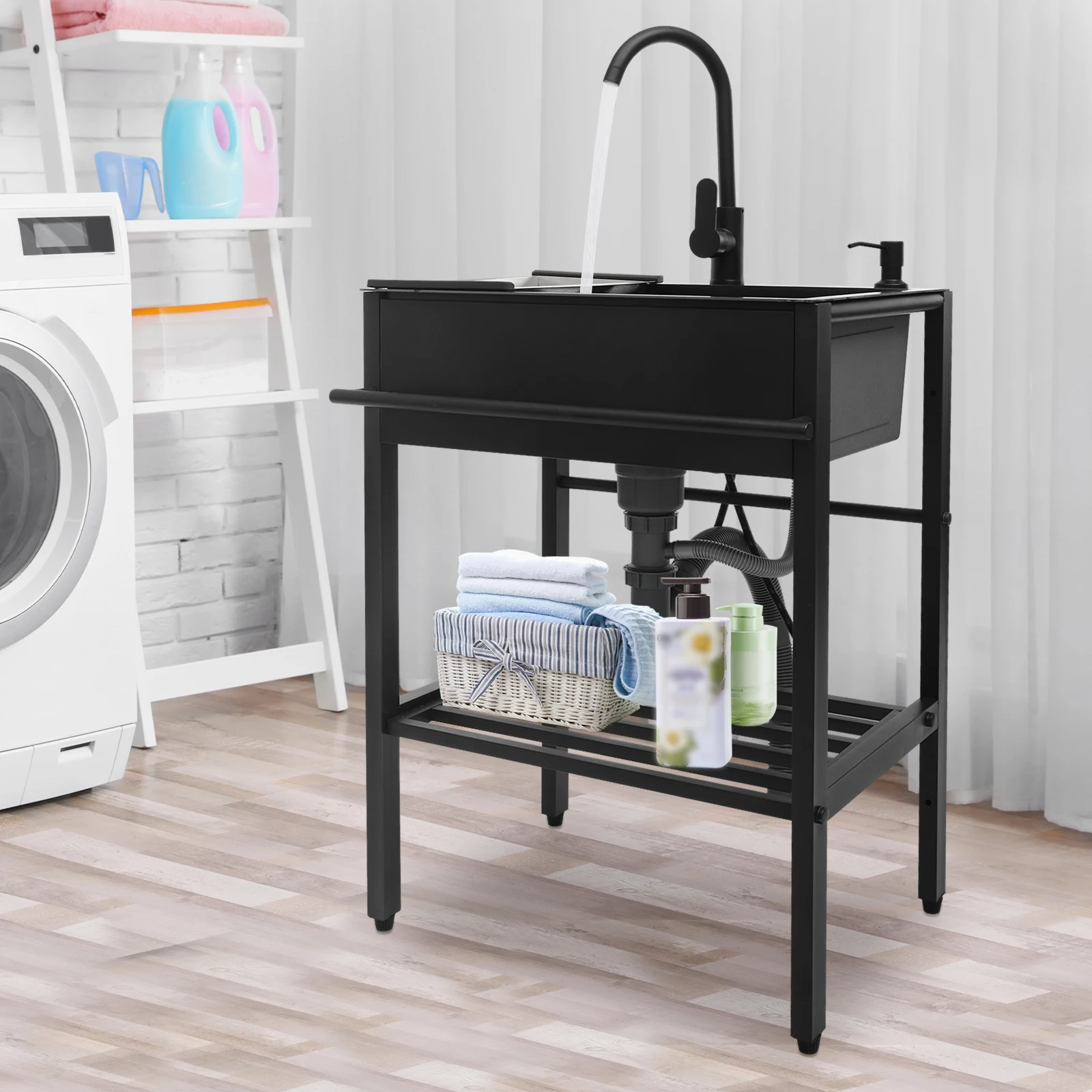 Modern Freestanding Rectangular 201 Stainless Steel Kitchen Sink Set Black 60x45x86cm with Accessories