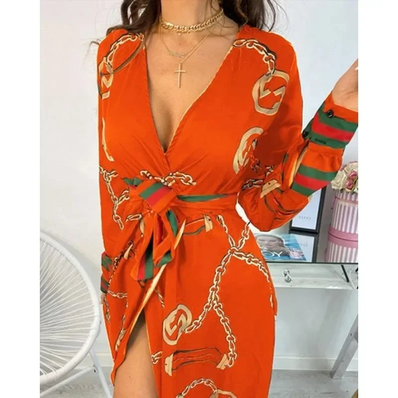 New women's printed waistband dress elegant commuting dress women's fashionable V-neck mid waist dress