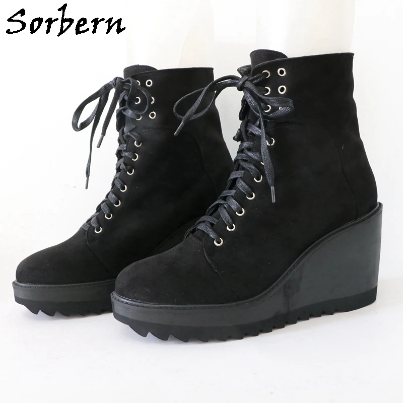 Sorbern Black Faux Suede Ankle Boots Women Comfortable Unisex Style Wide Wedge Waved Rubber Sole Short Booties Lace Up