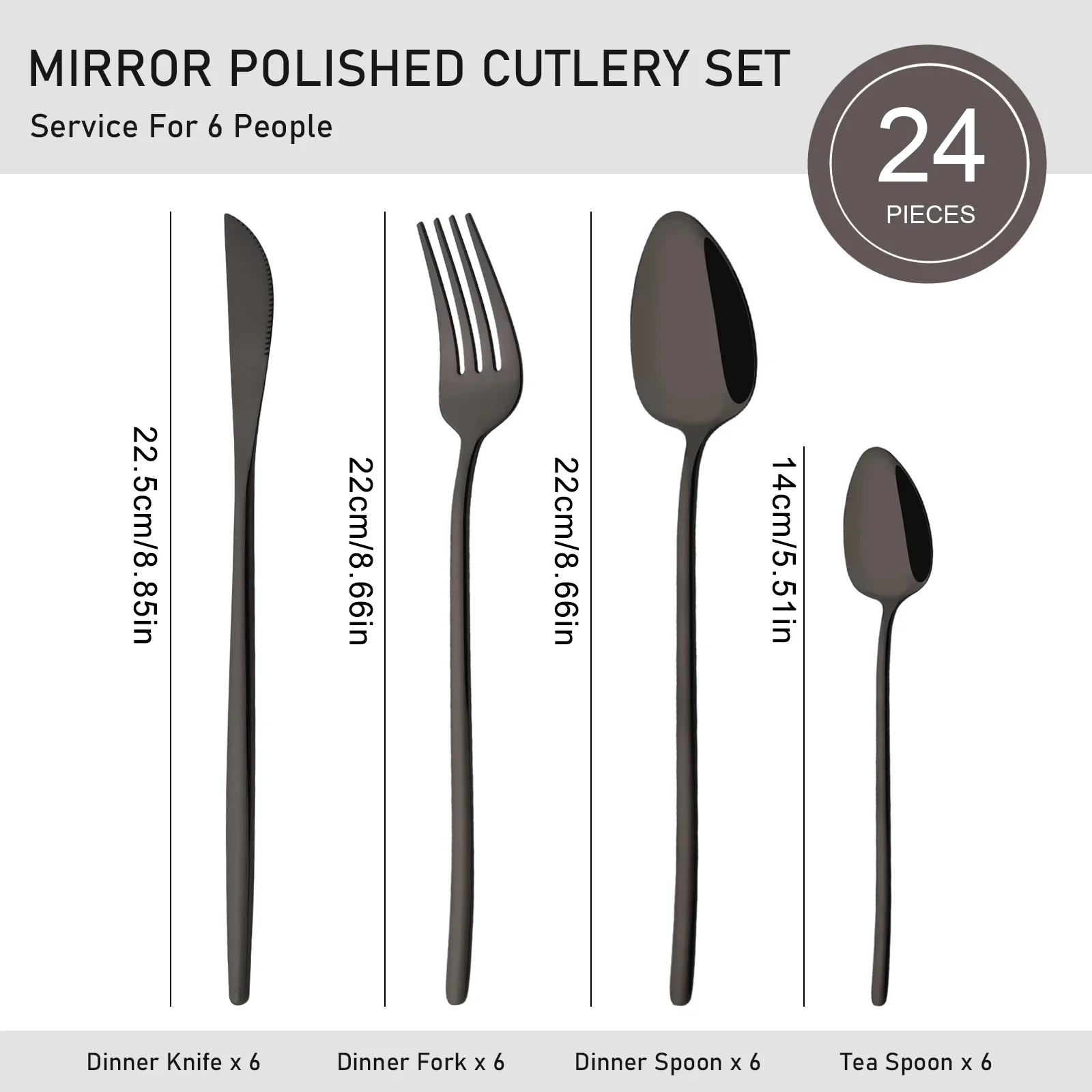 24Pcs/Set Dinnerware Stainless Steel Mirror Black Cutlery Set Kitchen Fork Coffee Spoon Knife Tableware Flatware Set