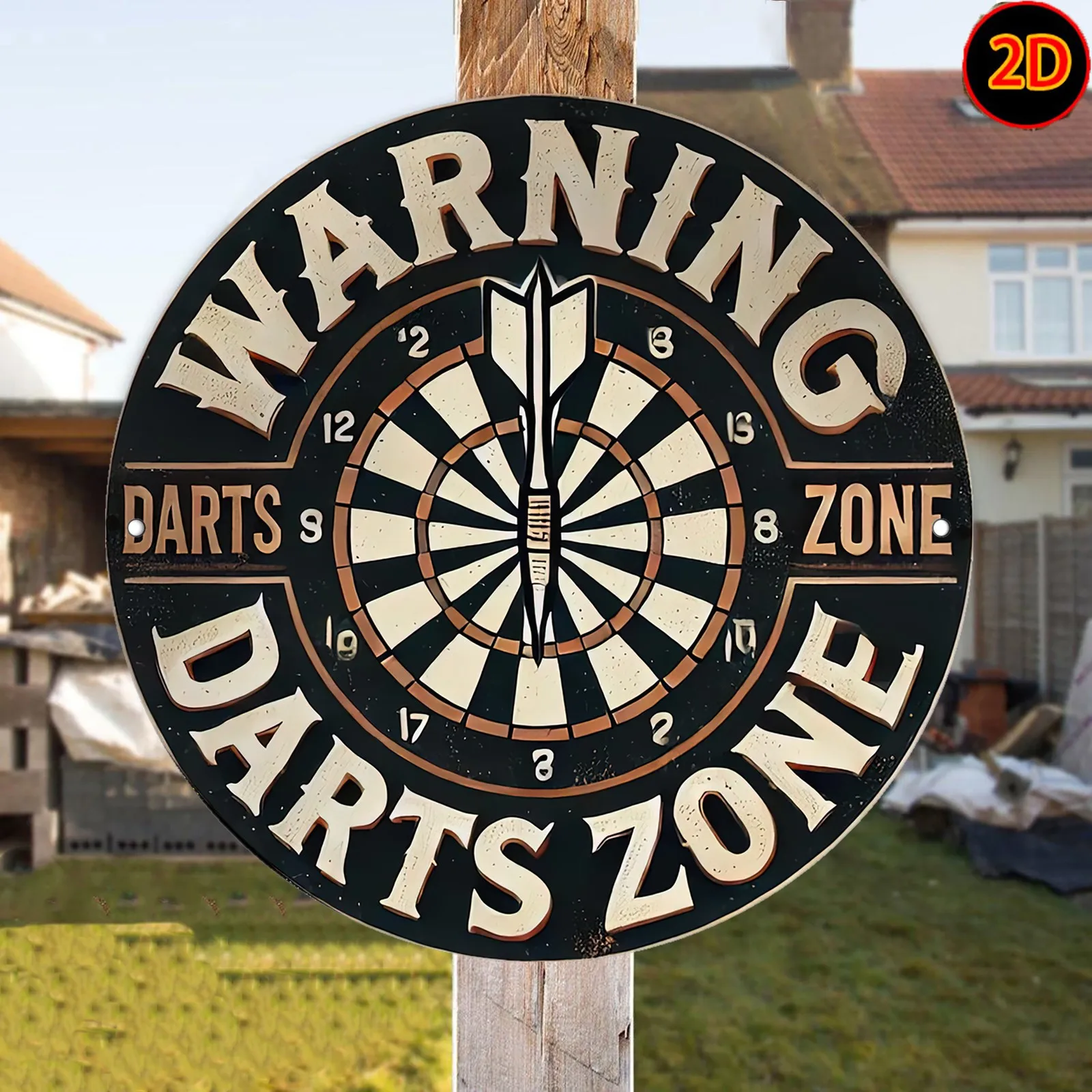 2D Flat, 1pc Vintage Dartboard Warning Sign Metal Plaque - Dart Zone Decoration with Hazard Arrow - Retro Pub Game Room Decor
