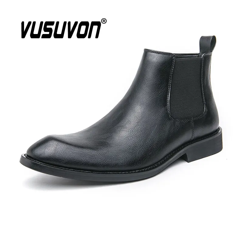 Fashion Men Chelsea Boots Leather Dress Casual Shoe Motorcycle Black Winter High Quality For Party Boys Big Size 38-45