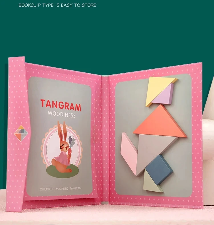 Kids Wooden Jigsaw Magnetic Tangram Puzzle Book Educational Toys Children Portable Montessori Learning Intelligence Baby Gift