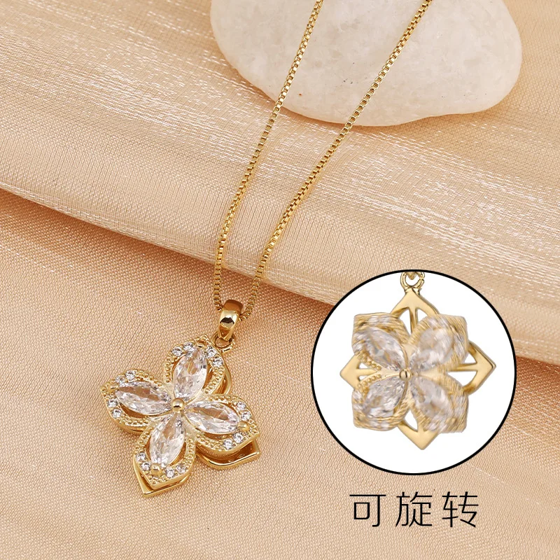 

Collarbone necklace, women's necklace, women's titanium steel necklace, new four-leaf flower rotating zircon necklace