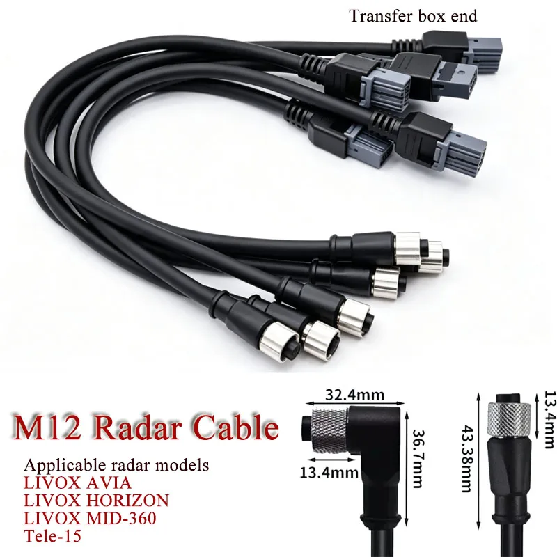 IP67 M12 Radar Wire Compatible with Livox Mid-70, Mid-40, Mid-360 Avia, Tele-15 LiDAR Industrial-grade M12 Connection Cable Line