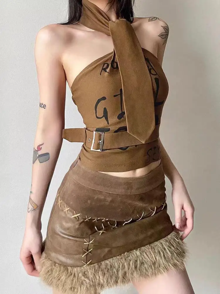 

Летние коричневые принты, сексуальные клубные топы без рукавов с открытой спиной и открытыми плечами, короткие топы, модная женская повседневная праздничная одежда, женская новинка