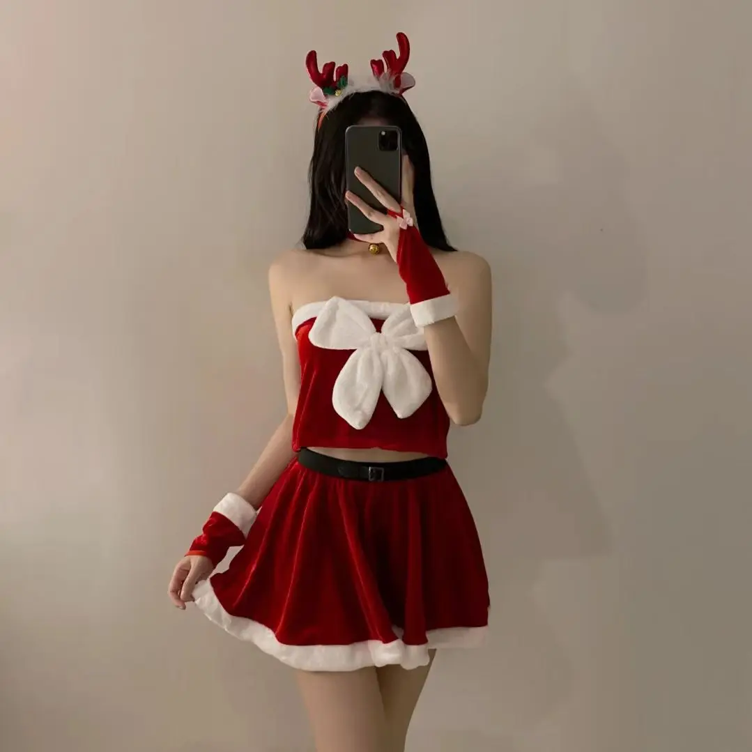 Classic Christmas Dress Sexy Red Xmas Outfit Santa Claus Cosplay Rudolph Costume Party Performance Photoshooting New Year Winter