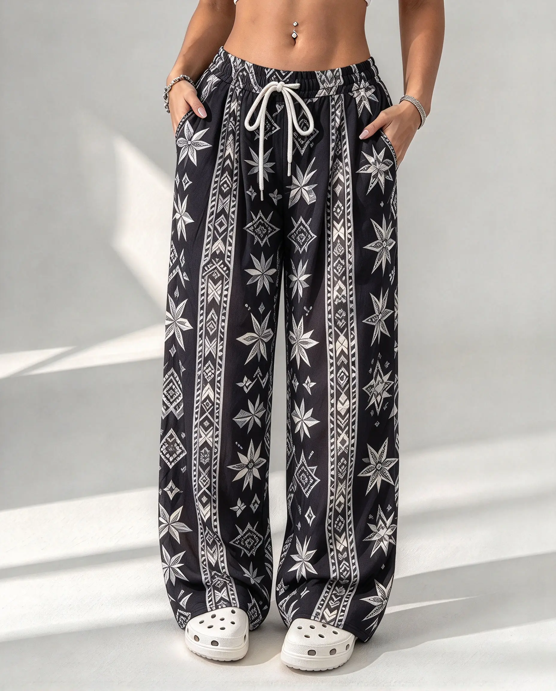 Women Boho Floral Geometric Print Wide Leg Pants Elastic Drawstring Waist Casual Loose Trousers With Pockets Holiday Beach Pants