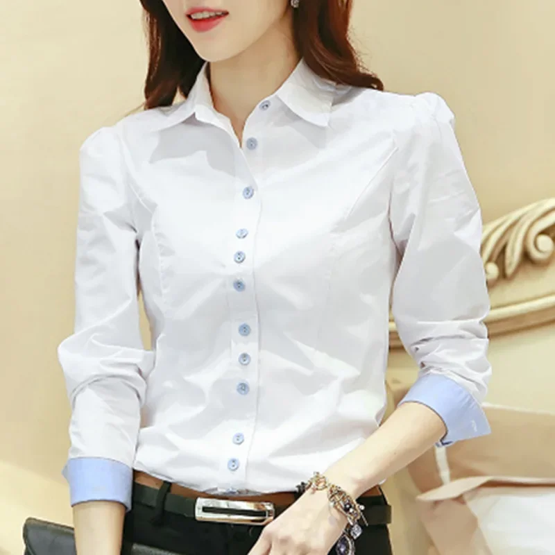 

Spring Autumn New White Slim All-match Shirt Tops Long Sleeve Polo Neck Contrast Blouse Office Elegant Fashion Women Clothing