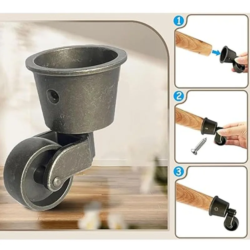 4Pcs Antique Polished Universal Castors Wheel, Zinc Alloy Furniture Caster Wheels, Solid Round Cup Wheels, 360° Rotation, with Screws, for Desk Chair Cabinet Load