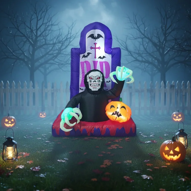 Halloween Tombstone Grim Reaper Pumpkin Decor with Built in LED Lights Indoor Outdoor Decoration Ghost Festival Inflatable Model