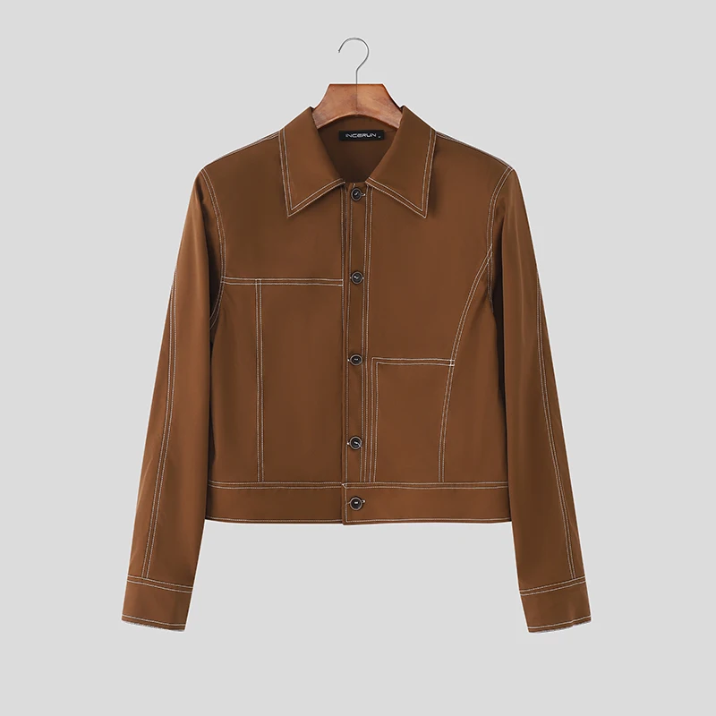 

INCERUN мужские куртки в стиле пэчворк с лацканами и длинными рукавами на пуговицах, повседневные мужские пальто, уличная одежда, свободные модные укороченные куртки 2025 года, мужские S-5XL