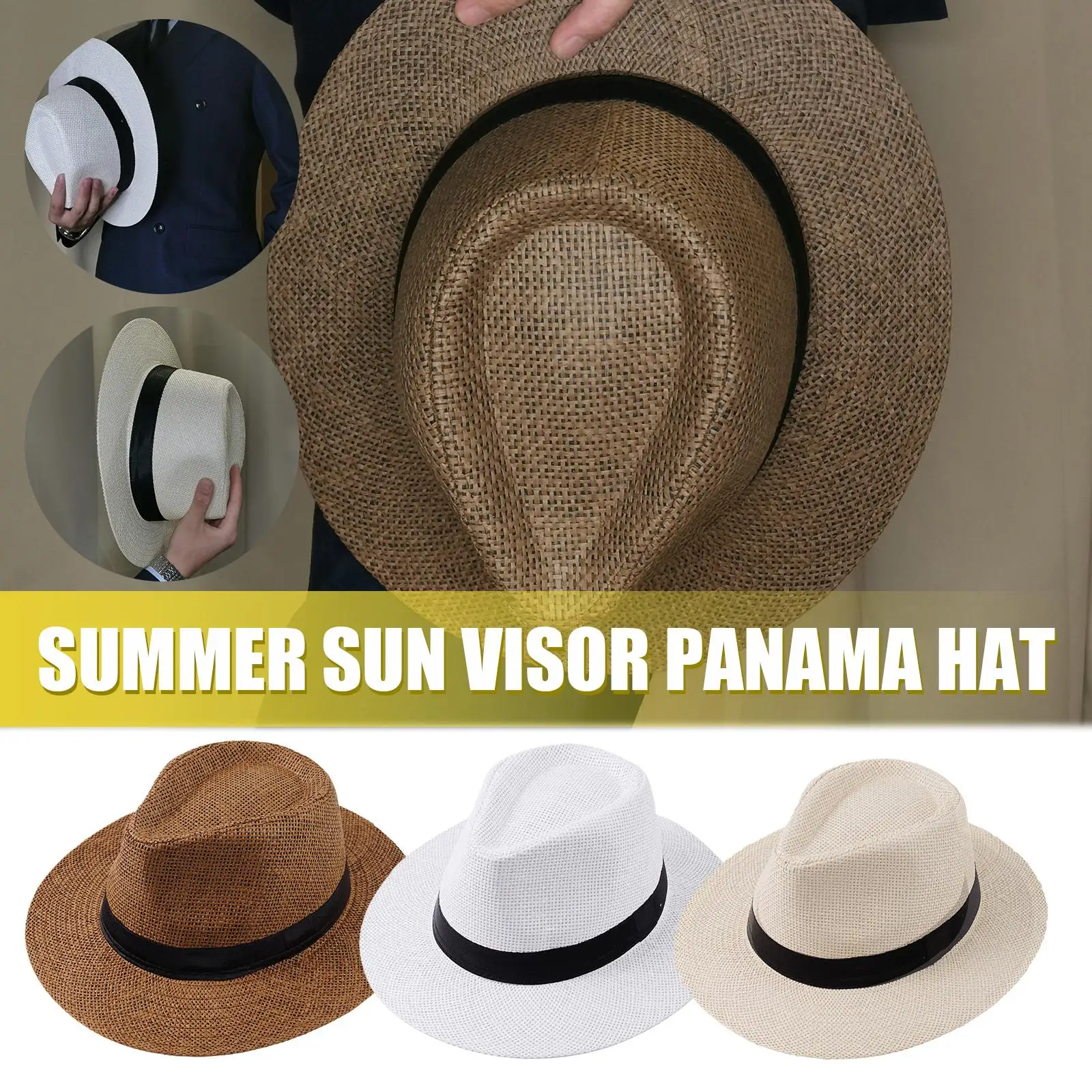 Sunhat النساء الرجال موضة الصيف عادية العصرية شاطئ الشمس القش قبعة كاوبوي فيدورا قبعة العصابات قبعة قبعة الشمس قبعة صغيرة واقية من الشمس