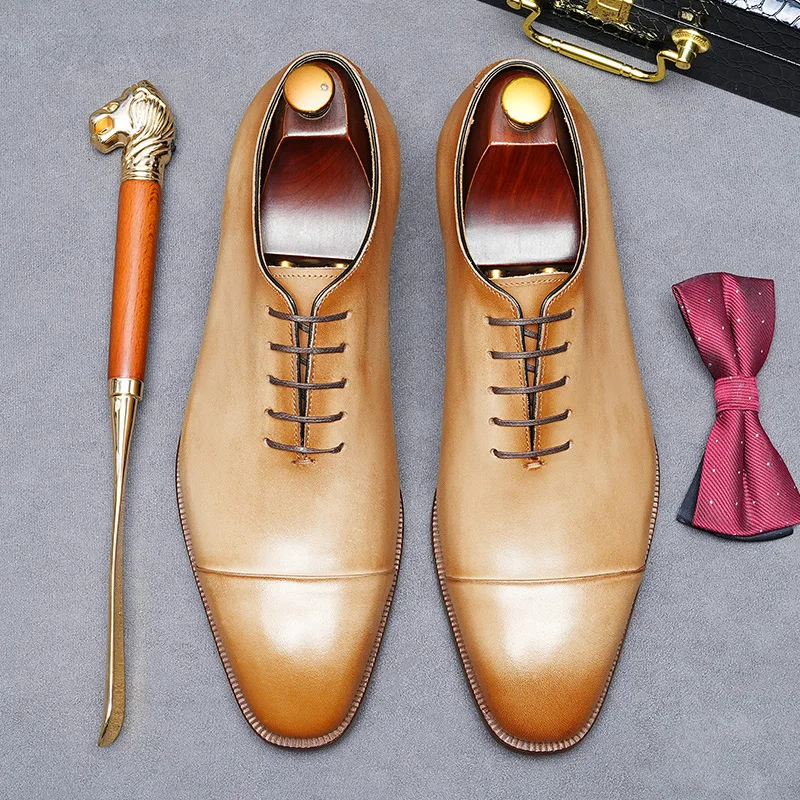 Men's Business Formal Oxfords Lace-Up Three-Piece Cap Toe Genuine Leather Shoes Light Color Cowhide Lining British Footwear